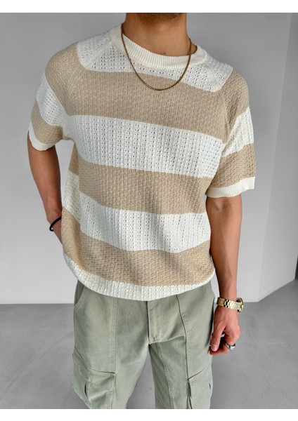 Erkek Yazlık Örme Bisiklet Yaka Oversize Çizgi Desenli Örme Triko T-Shirt Bej