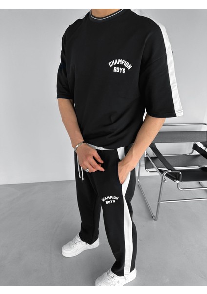 Erkek Yazlık Oversize 'champion Boys' Baskılı T-Shirt Siyah