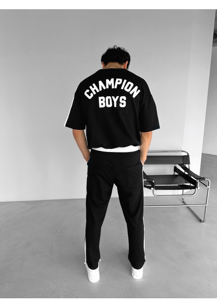 Erkek Yazlık Oversize 'champion Boys' Baskılı T-Shirt Siyah