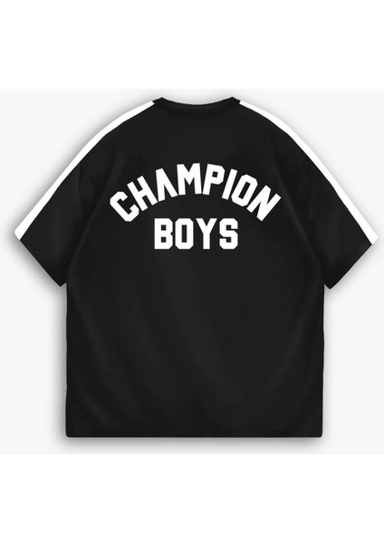 Erkek Yazlık Oversize 'champion Boys' Baskılı T-Shirt Siyah