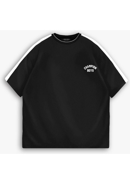 Erkek Yazlık Oversize 'champion Boys' Baskılı T-Shirt Siyah