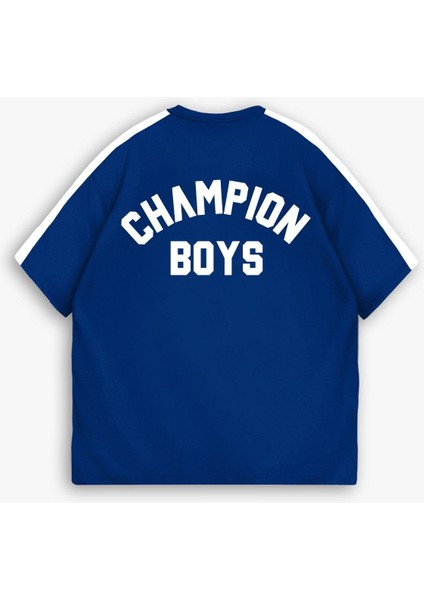 Erkek Yazlık Oversize 'champion Boys' Baskılı T-Shirt Mavi