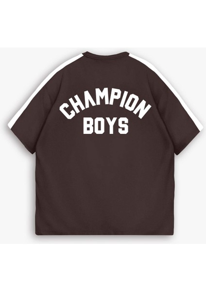 Erkek Yazlık Oversize 'champion Boys' Baskılı T-Shirt Kahverengi