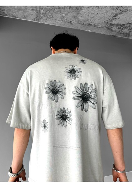 Erkek Yazlık Oversize 'vintage Flawers' Desen Baskılı T-Shirt Gri