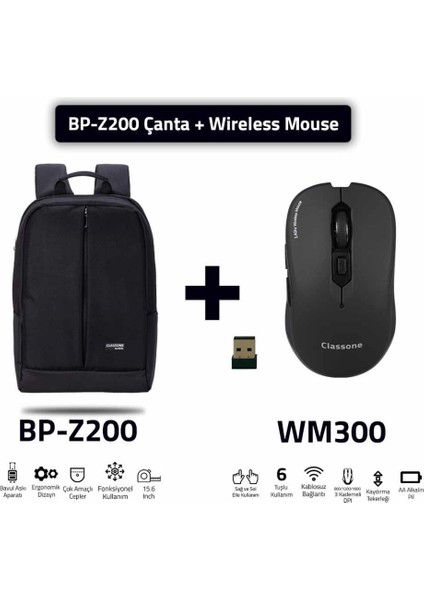 Classone BP-Z200 Zaino Serisi 15,6 Inch Notebook Sırt Çantası / Siyah + WM300 Wireless Mouse