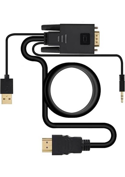 - VGA To HDMI Kablo Çevirici Dönüştürücü 3.5mm Ses ve USB Güç Destekli - 1080P - 2 Metre