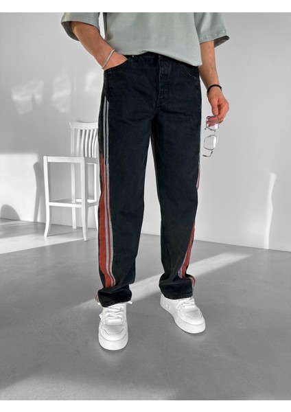Erkek %100 Pamuk Baggy Fit Retro Line Jean Siyah