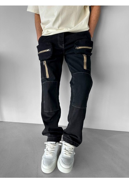 Erkek %100 Pamuk Ipli Çok Cepli Loose Fit Jean Siyah
