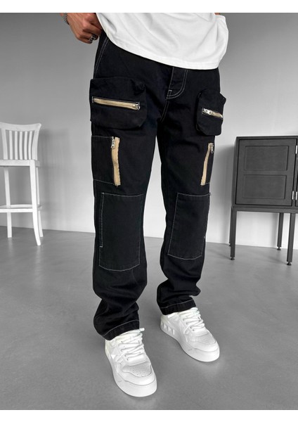 Erkek %100 Pamuk Ipli Çok Cepli Loose Fit Jean Siyah fiyatları