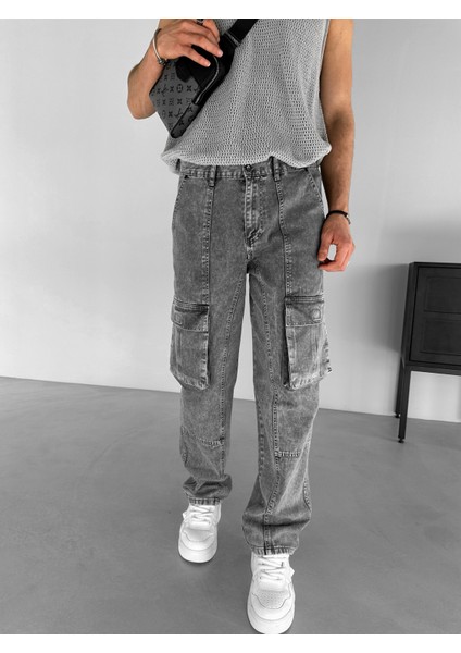 Erkek %100 Pamuk Ipli Baggy Kargo Patch Detaylı Pantolon Antrasit