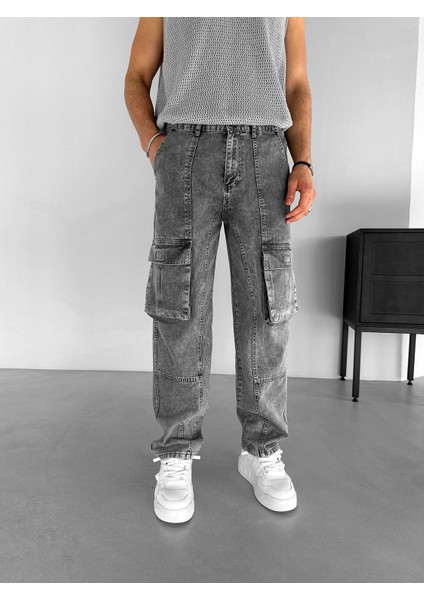 Erkek %100 Pamuk Ipli Baggy Kargo Patch Detaylı Pantolon Antrasit