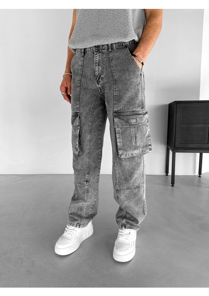 Erkek %100 Pamuk Ipli Baggy Kargo Patch Detaylı Pantolon Antrasit
