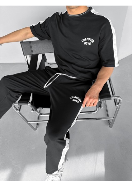 Erkek Yazlık Baggy Fit 'champion Boys' Baskılı Çizgili Eşofman Siyah