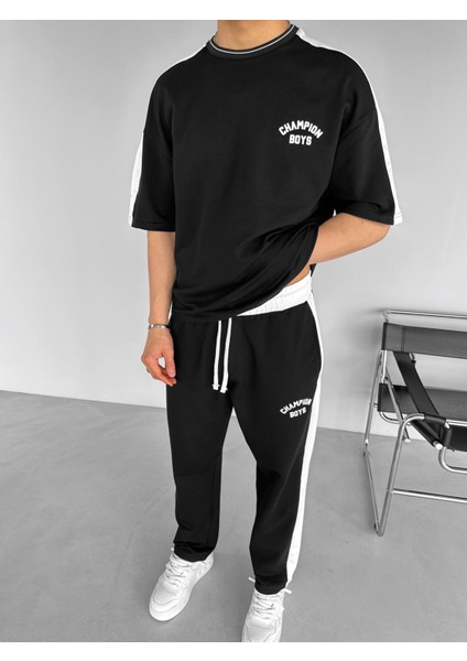 Erkek Yazlık Baggy Fit 'champion Boys' Baskılı Çizgili Eşofman Siyah fiyatları