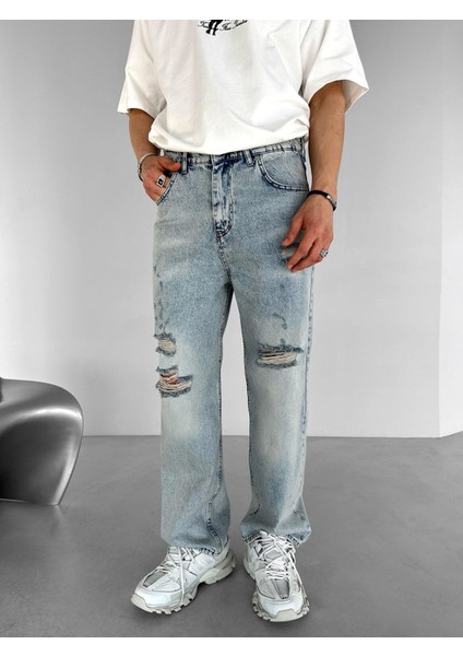 Erkek Yazlık Baggy Fit Distressed Jean Buz Mavi