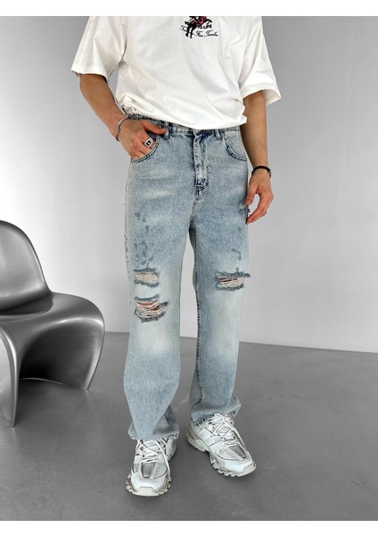 Erkek Yazlık Baggy Fit Distressed Jean Buz Mavi