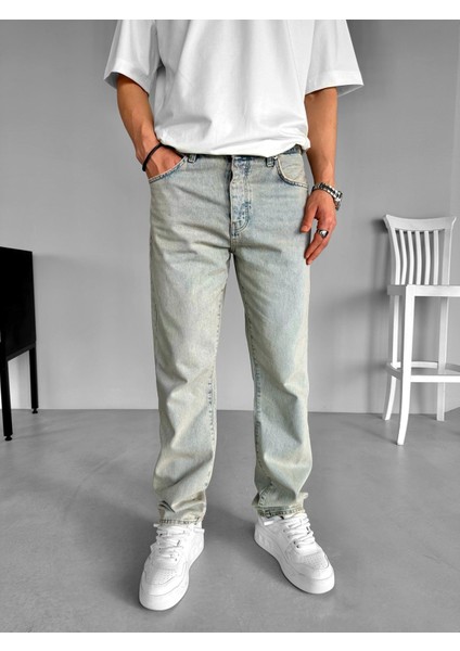 Erkek %100 Pamuk Yazlık Baggy Fit Eskitilmiş Jean Pantolon Buz Mavi