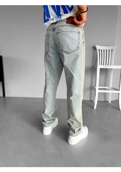Erkek %100 Pamuk Yazlık Baggy Fit Eskitilmiş Jean Pantolon Buz Mavi fiyatları