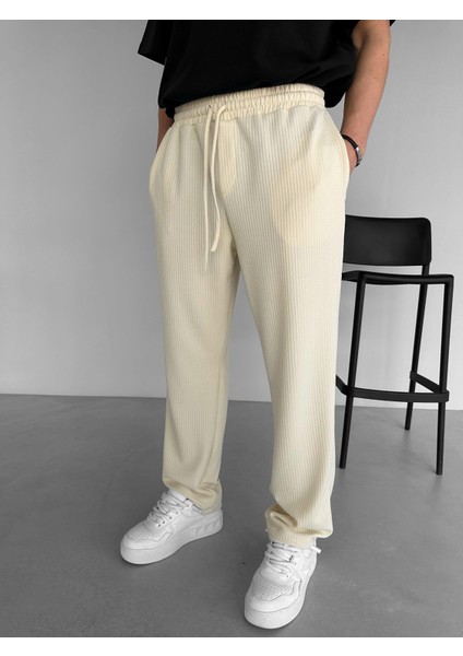 Erkek %100 Pamuk Ipli Fitilli Baggy Fit Rahat Pantolon Krem