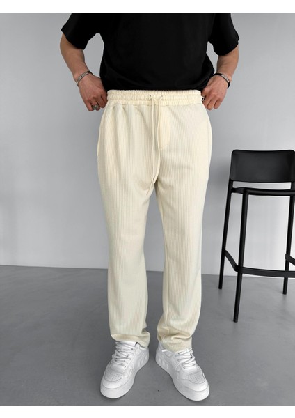 Erkek %100 Pamuk Ipli Fitilli Baggy Fit Rahat Pantolon Krem fiyatları