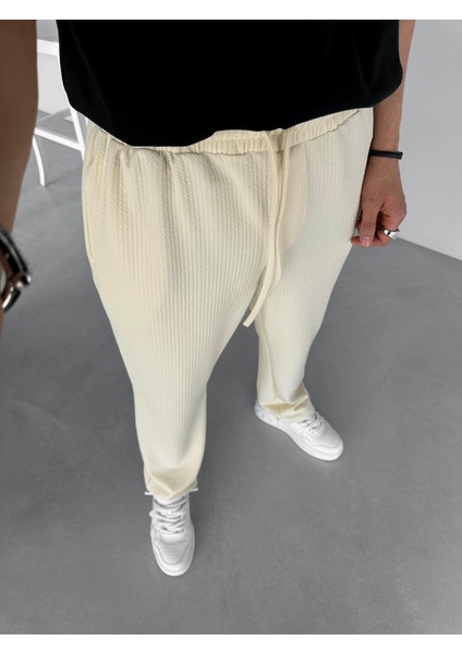 Erkek %100 Pamuk Ipli Fitilli Baggy Fit Rahat Pantolon Krem modelleri
