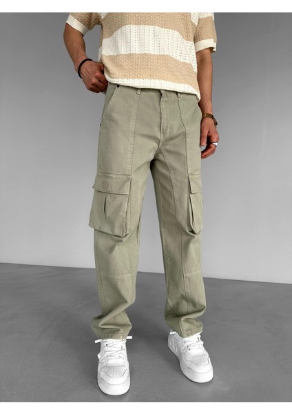 Erkek %100 Pamuk Ipli Baggy Kargo Patch Detaylı Pantolon Haki