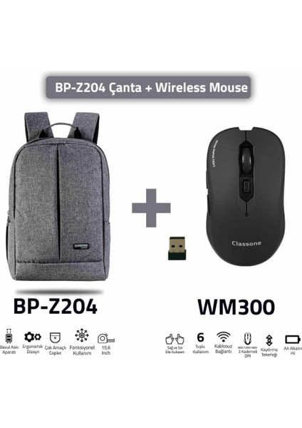 BP-Z204 15,6 Inch Notebook Sırt Çantası / Gri + WM300 Wireless Mouse