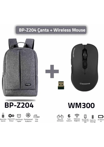 BP-Z204  15,6 Inch Notebook Sırt Çantası / Gri + WM300 Wireless Mouse