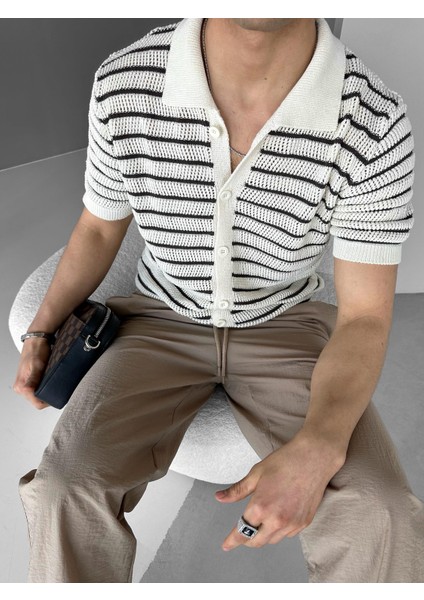 Oversize Çizgili Polo Yaka Örme Gömlek Kahve modelleri