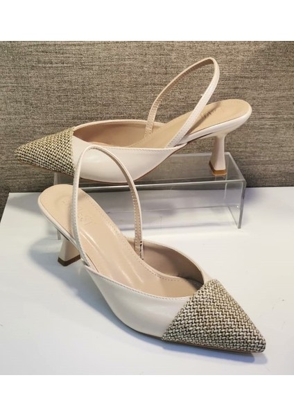 4116 Kadın Arka Açık Sivri Burun Hasır Detaylı Kadeh Ökçe Stiletto Ayakkabı Ten
