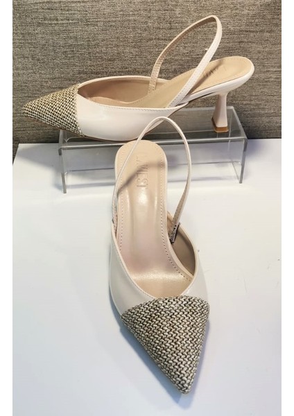 4116 Kadın Arka Açık Sivri Burun Hasır Detaylı Kadeh Ökçe Stiletto Ayakkabı Ten fiyatları