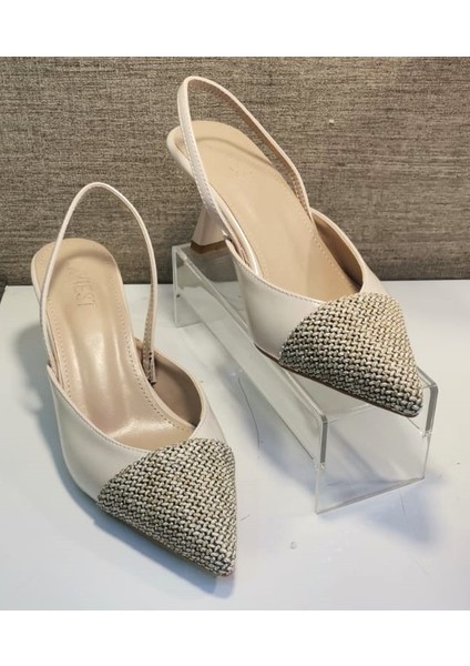 4116 Kadın Arka Açık Sivri Burun Hasır Detaylı Kadeh Ökçe Stiletto Ayakkabı Ten modelleri