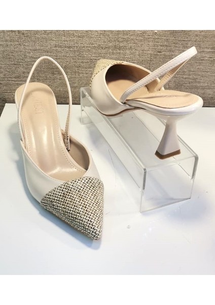 4116 Kadın Arka Açık Sivri Burun Hasır Detaylı Kadeh Ökçe Stiletto Ayakkabı Ten fırsatları