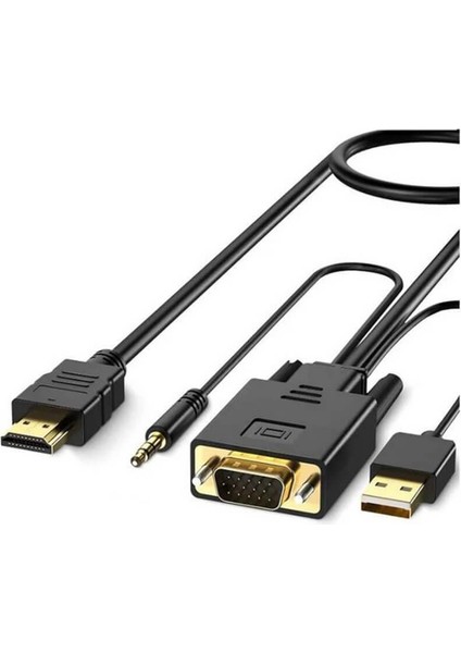 - VGA To HDMI Kablo Çevirici Dönüştürücü 3.5mm Ses ve USB Güç Destekli - 1080P - 5 Metre