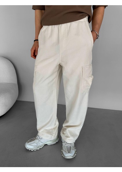 Erkek %100 Pamuk Yazlık Örme Baggy Fit Desenli Pantolon Ekru