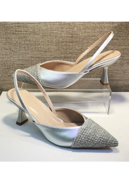 4116 Kadın Arka Açık Sivri Burun Hasır Detaylı Kadeh Ökçe Stiletto Ayakkabı Gümüş