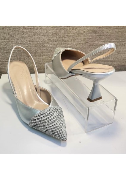 4116 Kadın Arka Açık Sivri Burun Hasır Detaylı Kadeh Ökçe Stiletto Ayakkabı Gümüş modelleri