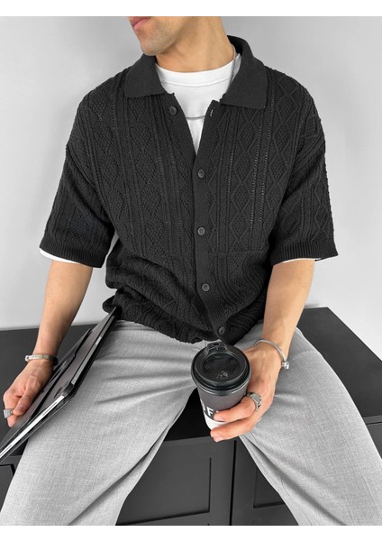 Erkek Yazlık Polo Yaka Örme Oversize Desenli Örme Gömlek Siyah