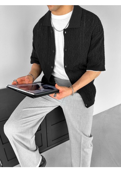 Erkek Yazlık Polo Yaka Örme Oversize Desenli Örme Gömlek Siyah fiyatları