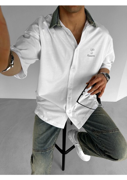 Erkek Yazlık Polo Yaka Oversize Kot Yakalı Baskılı Gömlek Beyaz modelleri