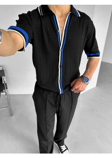 Erkek Yazlık Polo Yaka Örme Oversize Çift Renkli Desenli Örme Gömlek Siyah