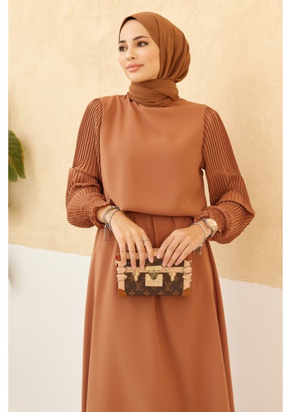 Kolları Piliseli Etek Tunik Takım - Camel