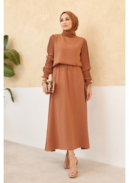 Kolları Piliseli Etek Tunik Takım - Camel