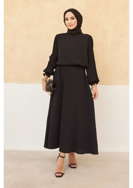 Kolları Piliseli Etek Tunik Takım - Siyah