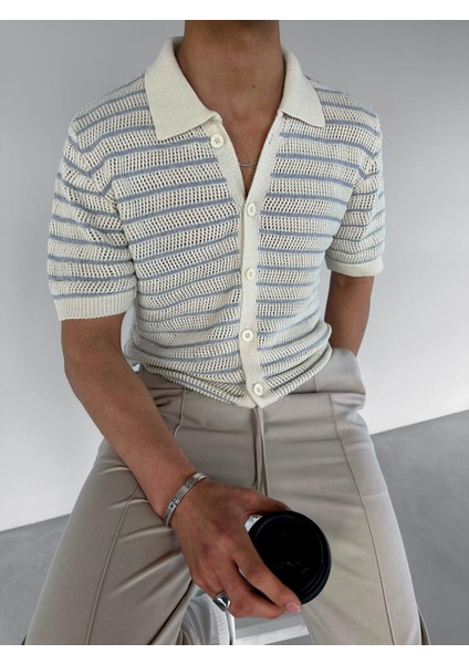 Oversize Çizgili Polo Yaka Örme Gömlek Gri