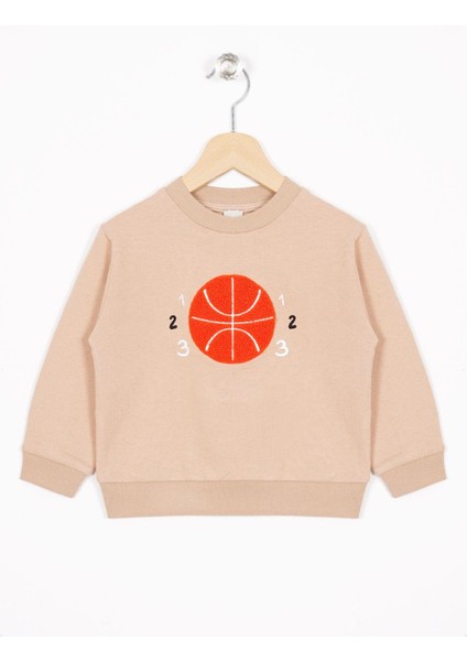 Basket Topu Nakışlı Bej Renk Erkek Çocuk Sweatshirt