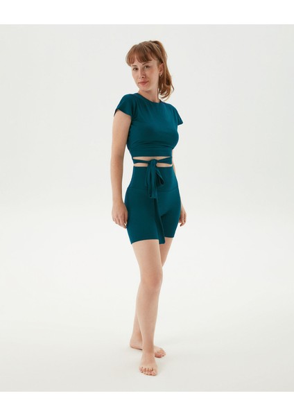 Petrol Sırt Dekolteli Drape Detaylı Crop Kısa Kollu Bluz
