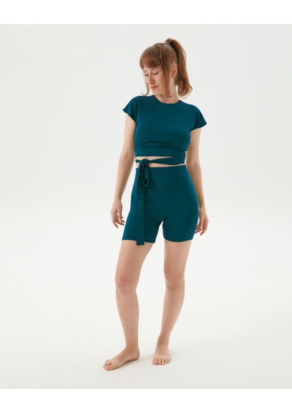 Petrol Sırt Dekolteli Drape Detaylı Crop Kısa Kollu Bluz