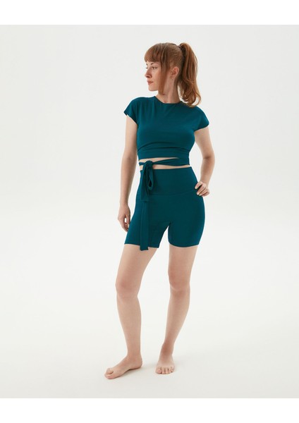 Petrol Sırt Dekolteli Drape Detaylı Crop Kısa Kollu Bluz