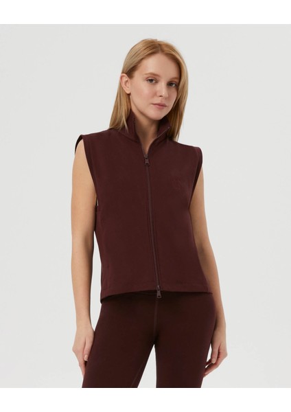 Kadın Bordo Kahverengi Dik Yaka Yelek - Organik Pamuk, Çift Yönlü Fermuarlı, Cepli, Kol Altı Panel, Geçiş Mevsimi Üst Katman